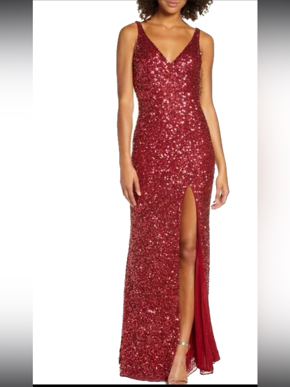 Mac Duggal Red Sequin V-Neck Maxi Dress with Thigh Slit